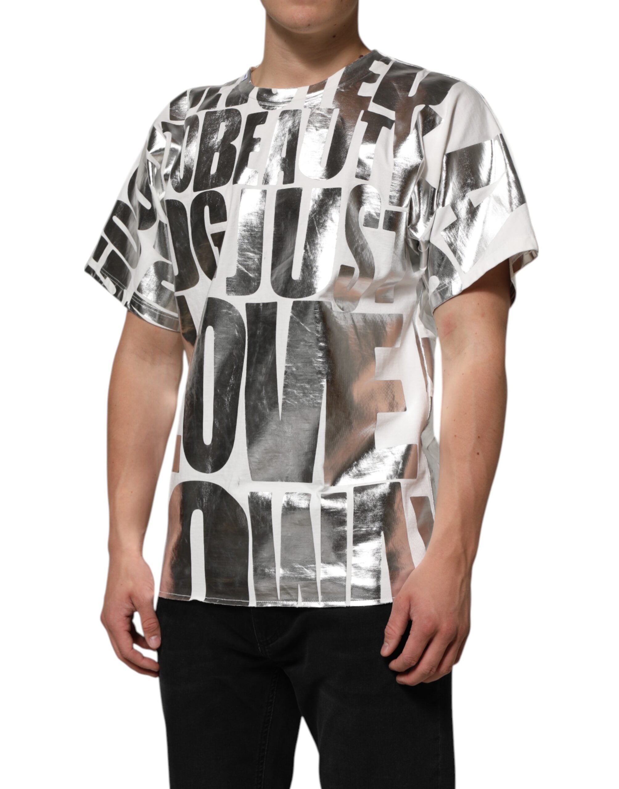 Dolce & Gabbana White metallic print cotton round neck T-shirt